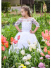Elbow Sleeve Off Shoulder White Lace Tulle Flower Girl Dress